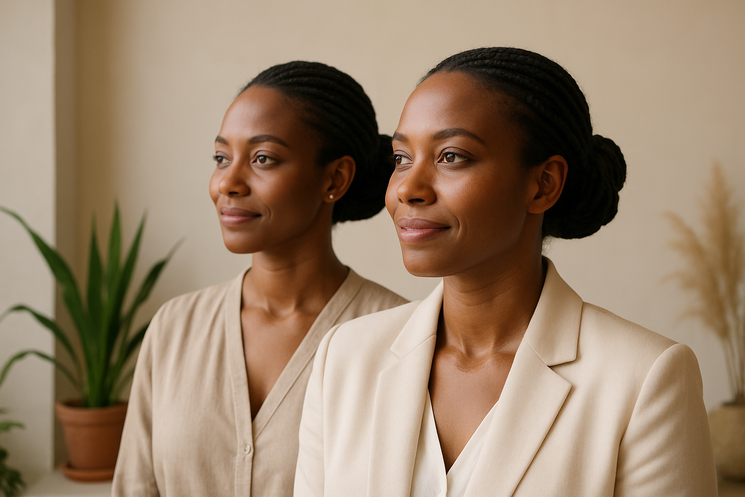 Two Senegalese women entrepreneurs with their braids pulled into buns, between 30 and 45 years old, wearing an optimistic gaze with a serene expression, looking off into the distance in a simple, elegant setting. Their expression is gentle and peaceful, as if they have gained clarity and feel reassured. The background is neutral and soft (beige, sand, or off-white), illuminated by natural light and adorned with a few plants. The result is a UHD photograph.